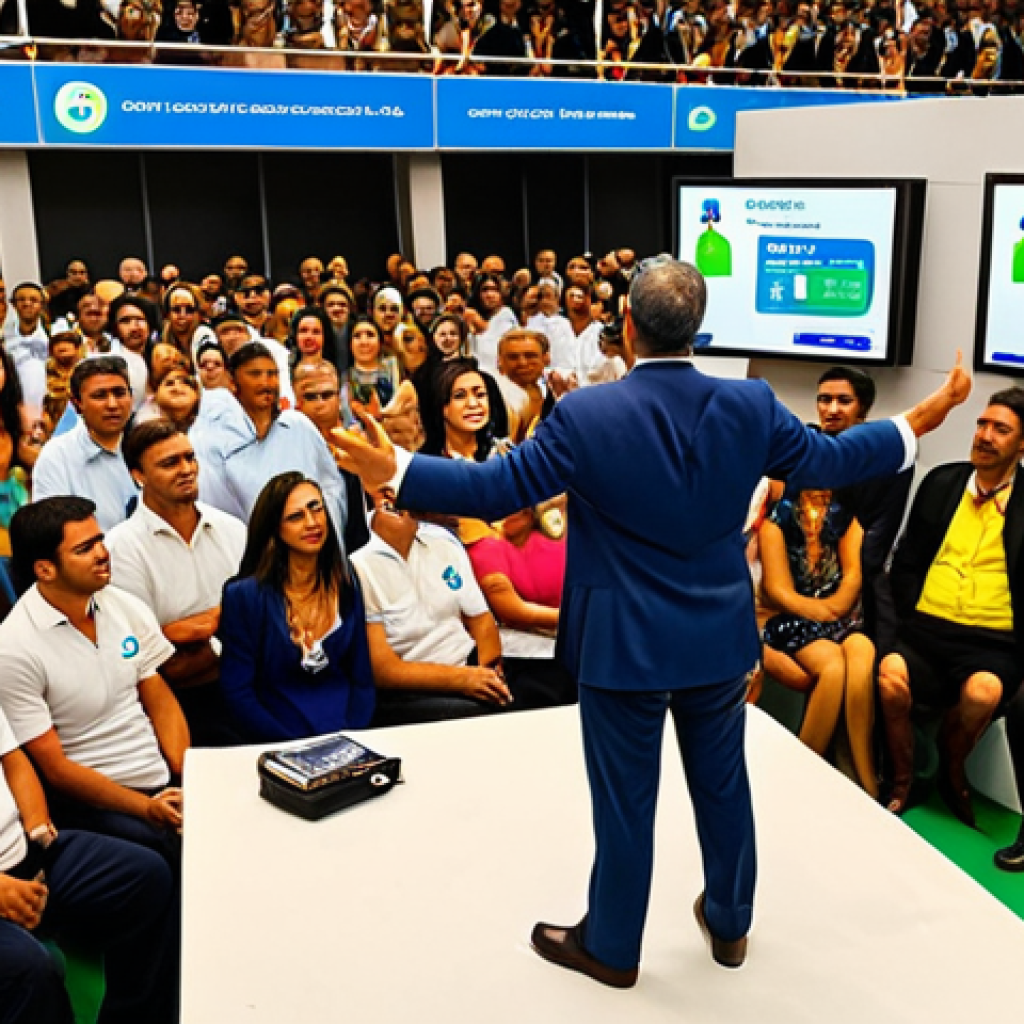 **Prompt:** A bustling auction scene in Brazil. A charismatic auctioneer with excellent oratory skills gestures emphatically as bids fly in. Diverse crowd, showcasing wealth and interest in art and real estate. Subtle digital screens displaying auction platform logos like Superbid or Lance Livre in the background. Focus on energy and persuasion, incorporating Brazilian flags or colors subtly.