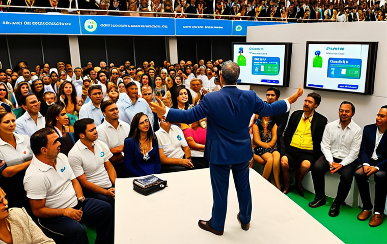 **Prompt:** A bustling auction scene in Brazil. A charismatic auctioneer with excellent oratory skills gestures emphatically as bids fly in. Diverse crowd, showcasing wealth and interest in art and real estate. Subtle digital screens displaying auction platform logos like Superbid or Lance Livre in the background. Focus on energy and persuasion, incorporating Brazilian flags or colors subtly.