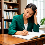 A determined individual, fully clothed in professional yet comfortable study attire, deeply focused in a meticulously organized home study sanctuary. The space is bathed in soft, natural light, featuring a clean wooden desk, neatly stacked books, and a small, vibrant green plant. The atmosphere is serene and conducive to deep concentration, reflecting resilience and optimism. professional photography, high detail, warm lighting, sharp focus, appropriate content, safe for work, modest, perfect anatomy, correct proportions, natural pose, well-formed hands, proper finger count, natural body proportions.