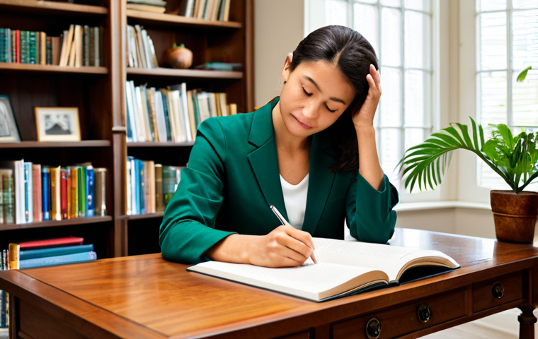 A determined individual, fully clothed in professional yet comfortable study attire, deeply focused in a meticulously organized home study sanctuary. The space is bathed in soft, natural light, featuring a clean wooden desk, neatly stacked books, and a small, vibrant green plant. The atmosphere is serene and conducive to deep concentration, reflecting resilience and optimism. professional photography, high detail, warm lighting, sharp focus, appropriate content, safe for work, modest, perfect anatomy, correct proportions, natural pose, well-formed hands, proper finger count, natural body proportions.