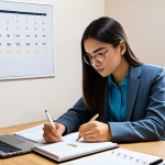 A focused professional student, fully clothed in a modest business casual outfit, sitting at a modern, organized study desk. On the desk are legal textbooks, a laptop displaying a digital calendar, and a neatly arranged planner. The student is thoughtfully writing notes, surrounded by a clean, well-lit study room interior. The atmosphere is one of calm concentration and strategic planning. safe for work, appropriate content, perfect anatomy, correct proportions, natural pose, well-formed hands, proper finger count, natural body proportions, professional photography, high quality.