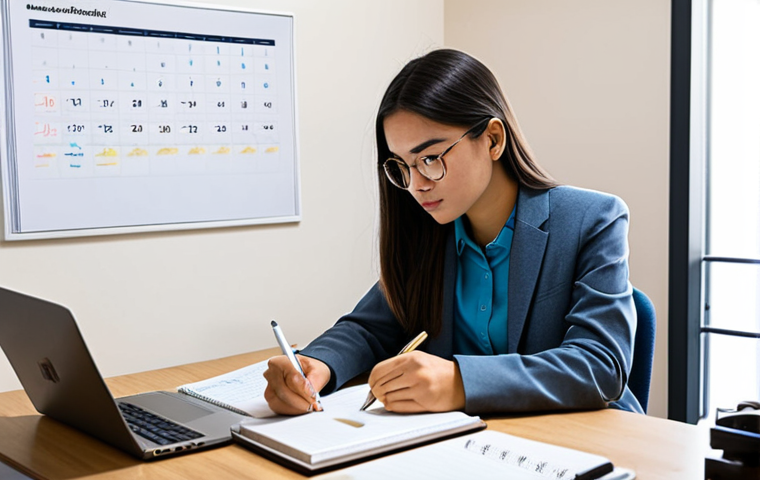A focused professional student, fully clothed in a modest business casual outfit, sitting at a modern, organized study desk. On the desk are legal textbooks, a laptop displaying a digital calendar, and a neatly arranged planner. The student is thoughtfully writing notes, surrounded by a clean, well-lit study room interior. The atmosphere is one of calm concentration and strategic planning. safe for work, appropriate content, perfect anatomy, correct proportions, natural pose, well-formed hands, proper finger count, natural body proportions, professional photography, high quality.