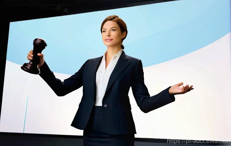 경매사 필기시험 후 실기시험 준비 전략 - The Modern Digital Auctioneer in Action**
Prompt: "A dynamic, professional female auctioneer, mid-3...