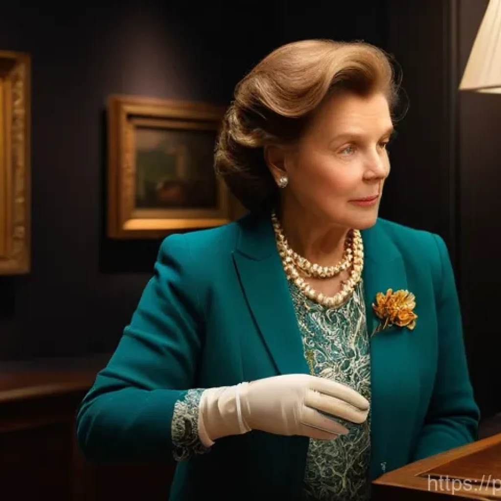 경매사로서의 사회적 책임과 역할 - **Prompt:** A discerning, middle-aged female auctioneer, dressed in an elegant but professional blaz...