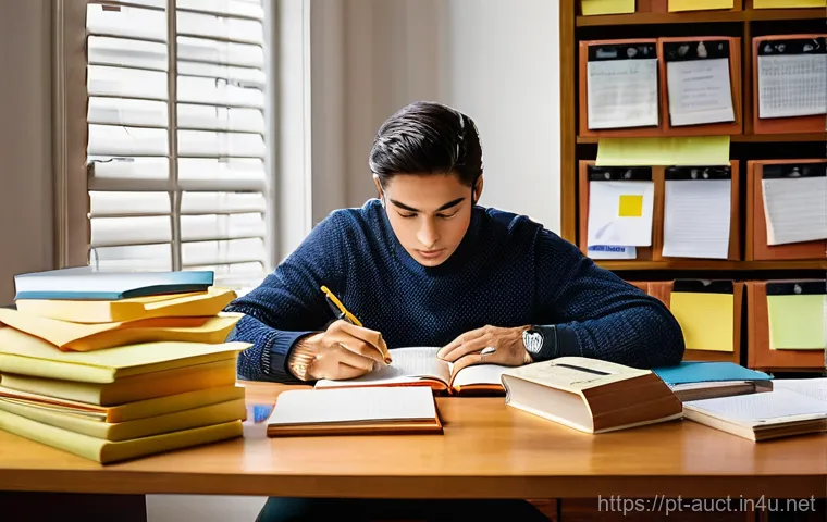 경매사 시험 준비를 위한 교재 추천 - **Prompt:** A focused young professional, in their late 20s, intensely studying at a well-organized ...