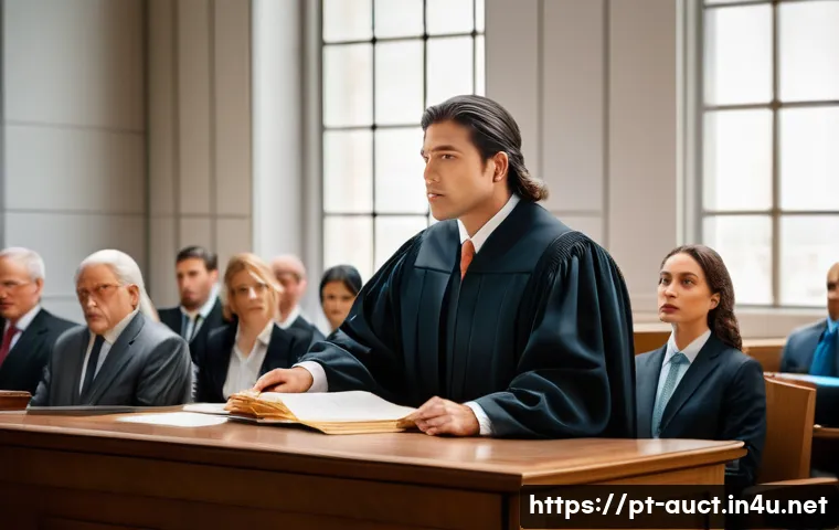 경매사 업무 사례 분석 - A professional auctioneer conducting a judicial auction in a modern courtroom setting, surrounded by...