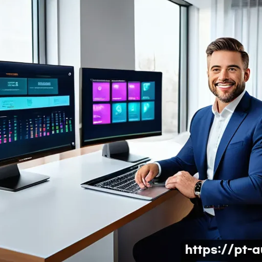 경매사 직무 관련 최신 트렌드 - A modern auctioneer in a sleek, well-lit home office, surrounded by multiple computer screens displa...
