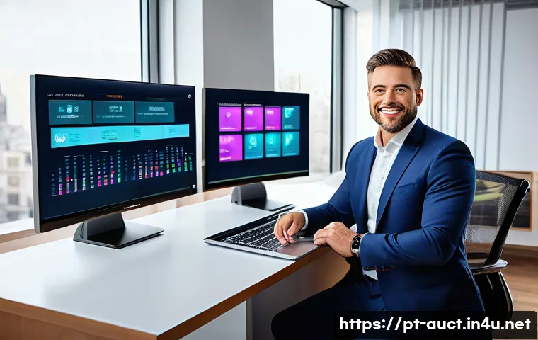 경매사 직무 관련 최신 트렌드 - A modern auctioneer in a sleek, well-lit home office, surrounded by multiple computer screens displa...