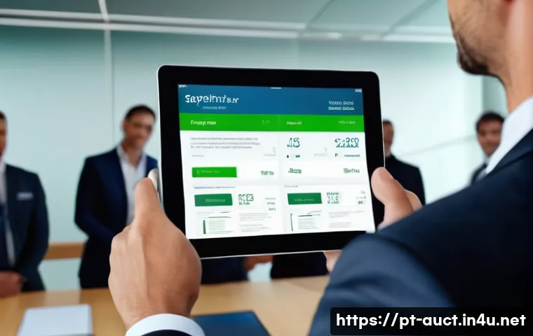 경매사 실무에서 자주 겪는 문제와 해결책 - A modern auction room scene showing a professional auctioneer using a sleek digital platform on a ta...