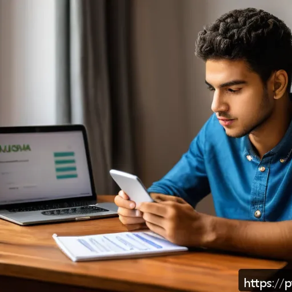 경매사 시험 준비 중 유용한 온라인 자료 - A focused young Brazilian man studying at home for the auctioneer exam, surrounded by digital device...