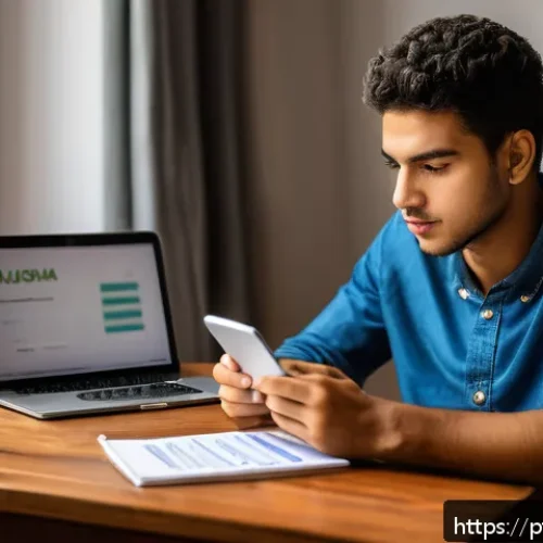 경매사 시험 준비 중 유용한 온라인 자료 - A focused young Brazilian man studying at home for the auctioneer exam, surrounded by digital device...