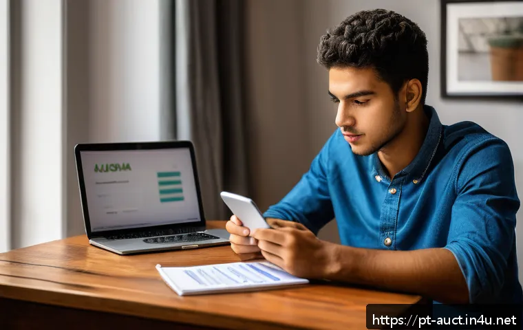 경매사 시험 준비 중 유용한 온라인 자료 - A focused young Brazilian man studying at home for the auctioneer exam, surrounded by digital device...